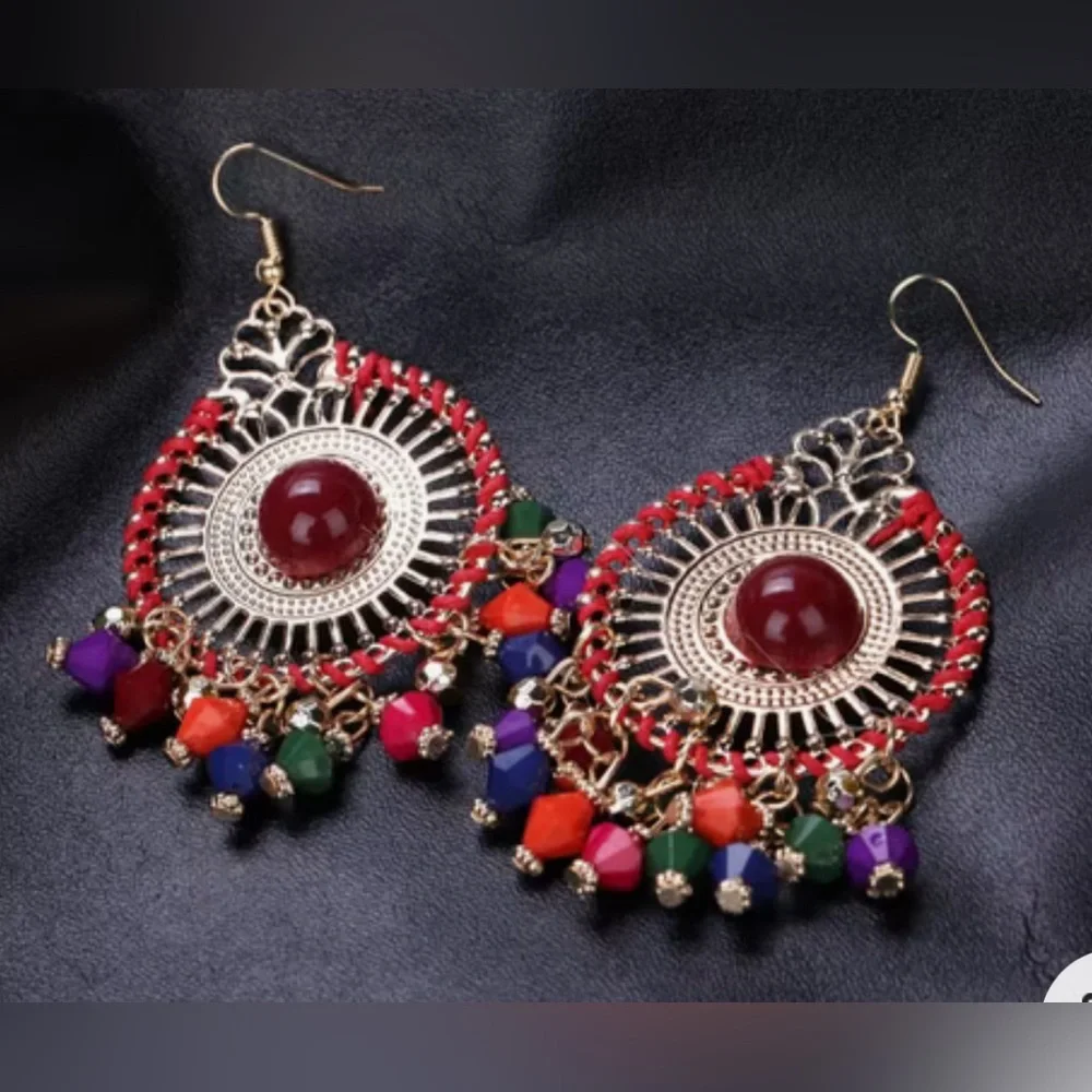 Pair of bohemian ethnic style multi-color resin beaded tassel dangle‎ earrings